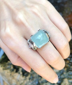 Aquamarine, White Sapphire, Black Diamond, Diamond Ring in 18 Karat White Gold