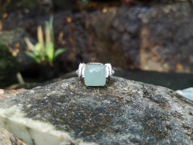 Aquamarine, White Sapphire, Black Diamond, Diamond Ring in 18 Karat White Gold For Sale 2