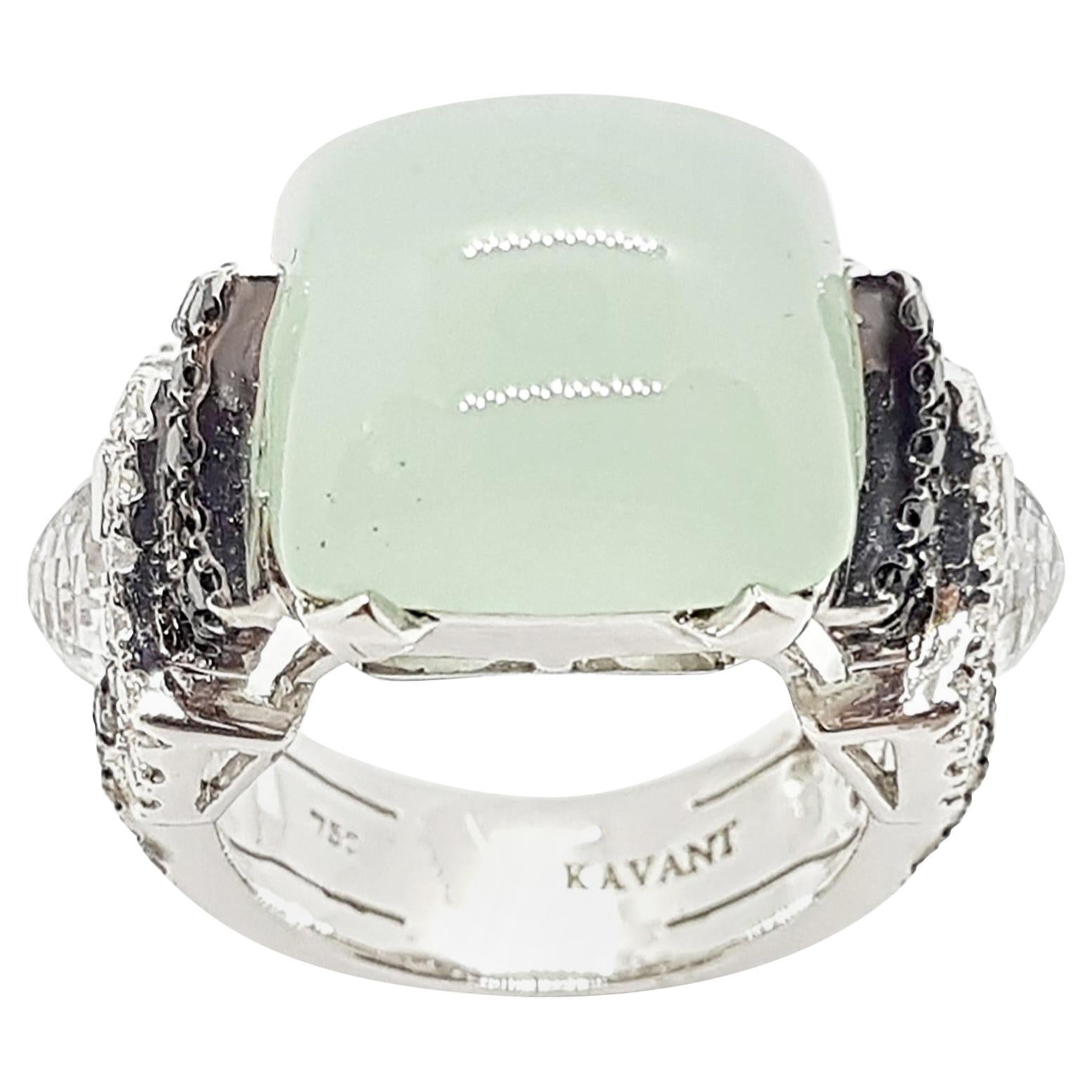 Aquamarine, White Sapphire, Black Diamond, Diamond Ring in 18 Karat White Gold