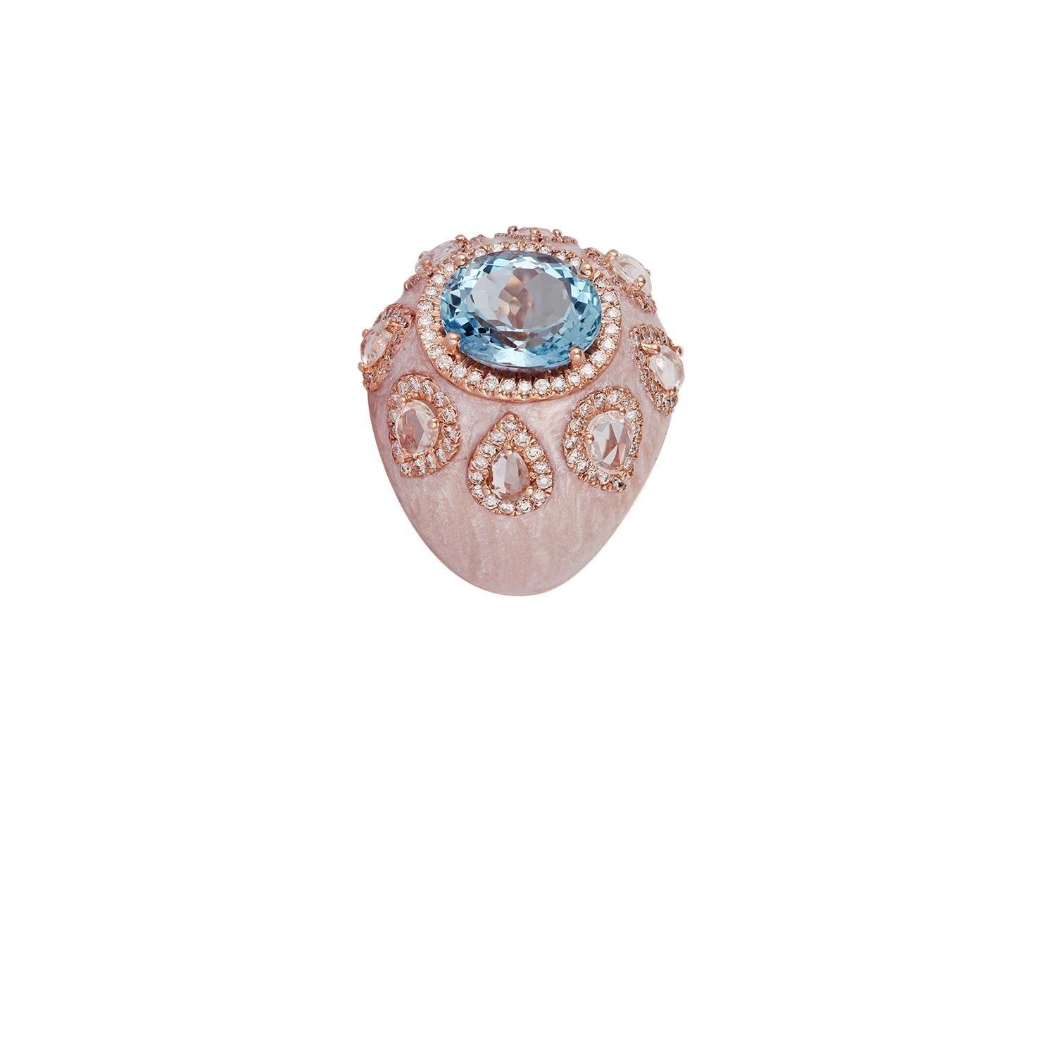Contemporary Aquamarine White Sapphire Diamond Enamel Ring in 18 Karat Rose Gold