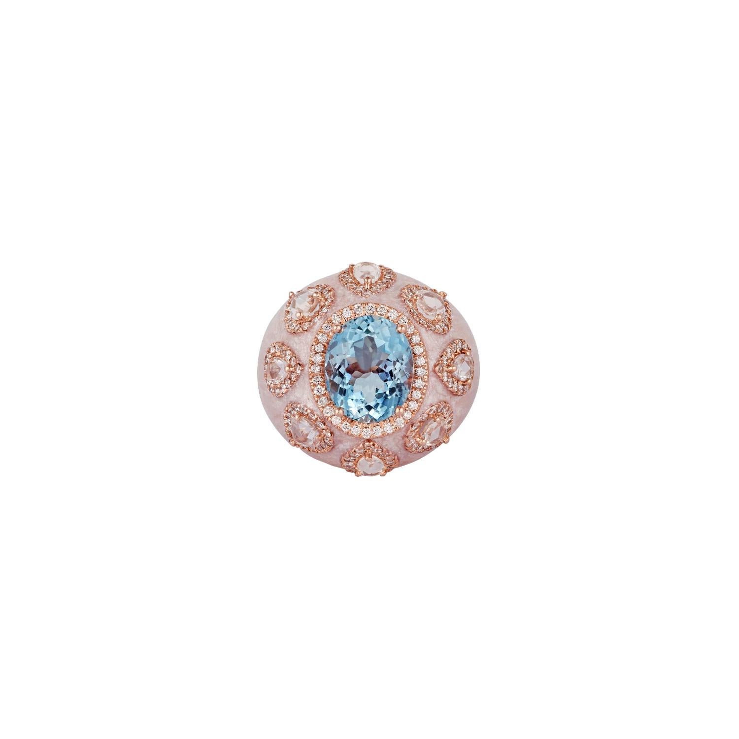 Aquamarine White Sapphire Diamond Enamel Ring in 18 Karat Rose Gold