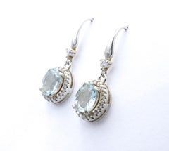 Aquamarine & White Stone Short Drop Earrings Set in Sterling Silver