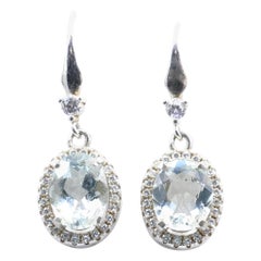 Aquamarine & White Stone Short Drop Earrings Set in Sterling Silver