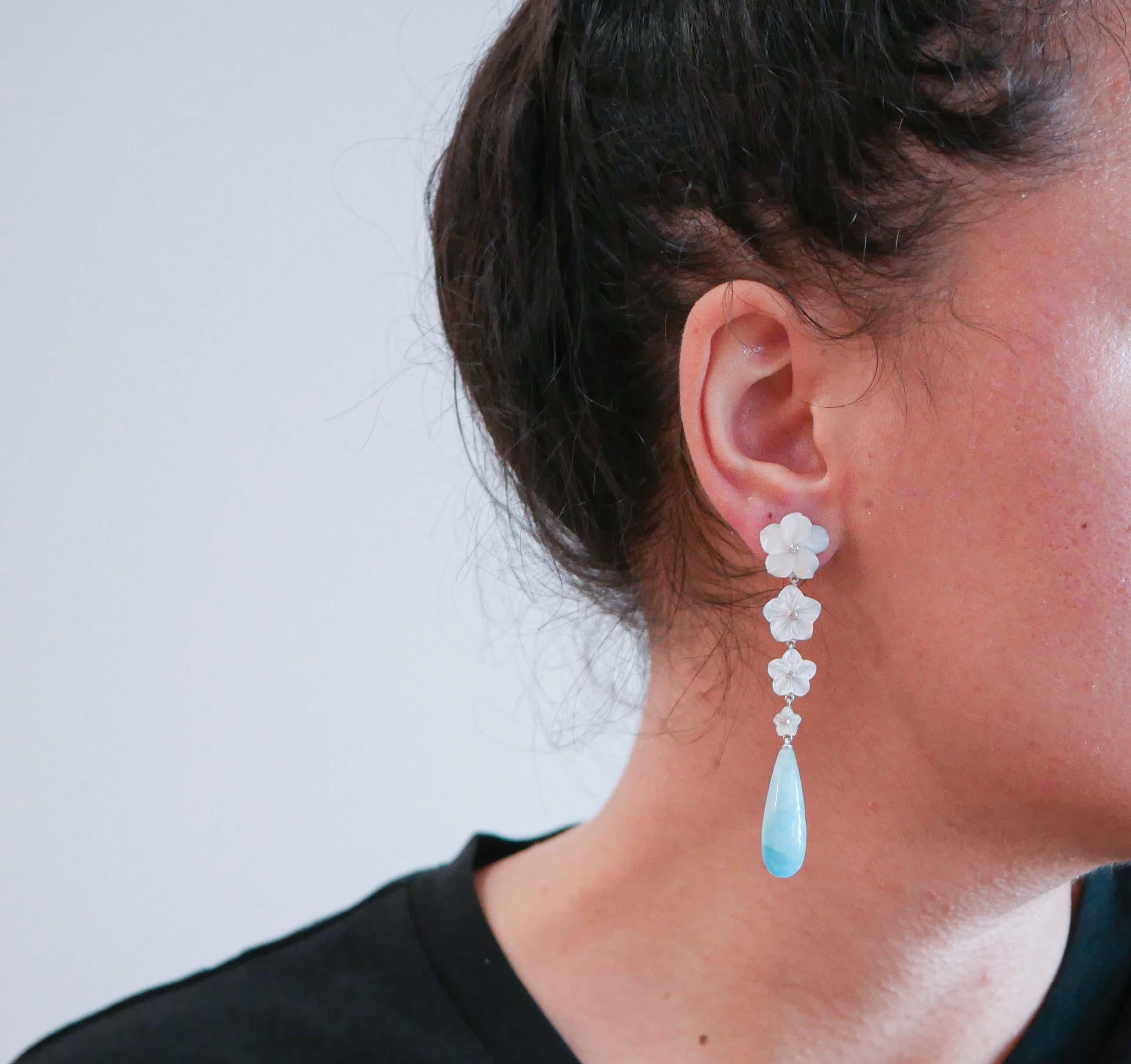 Mixed Cut Aquamarine, White Stones, Diamonds, Platinum Dangle Earrings. For Sale