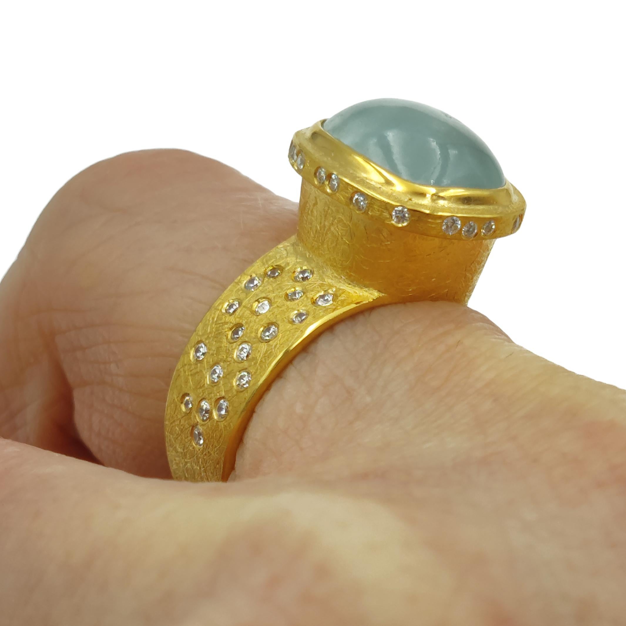 Women's Aquamarine White Zircon Silver 24 K Gold Plate Contemporary Design Modern Ring For Sale