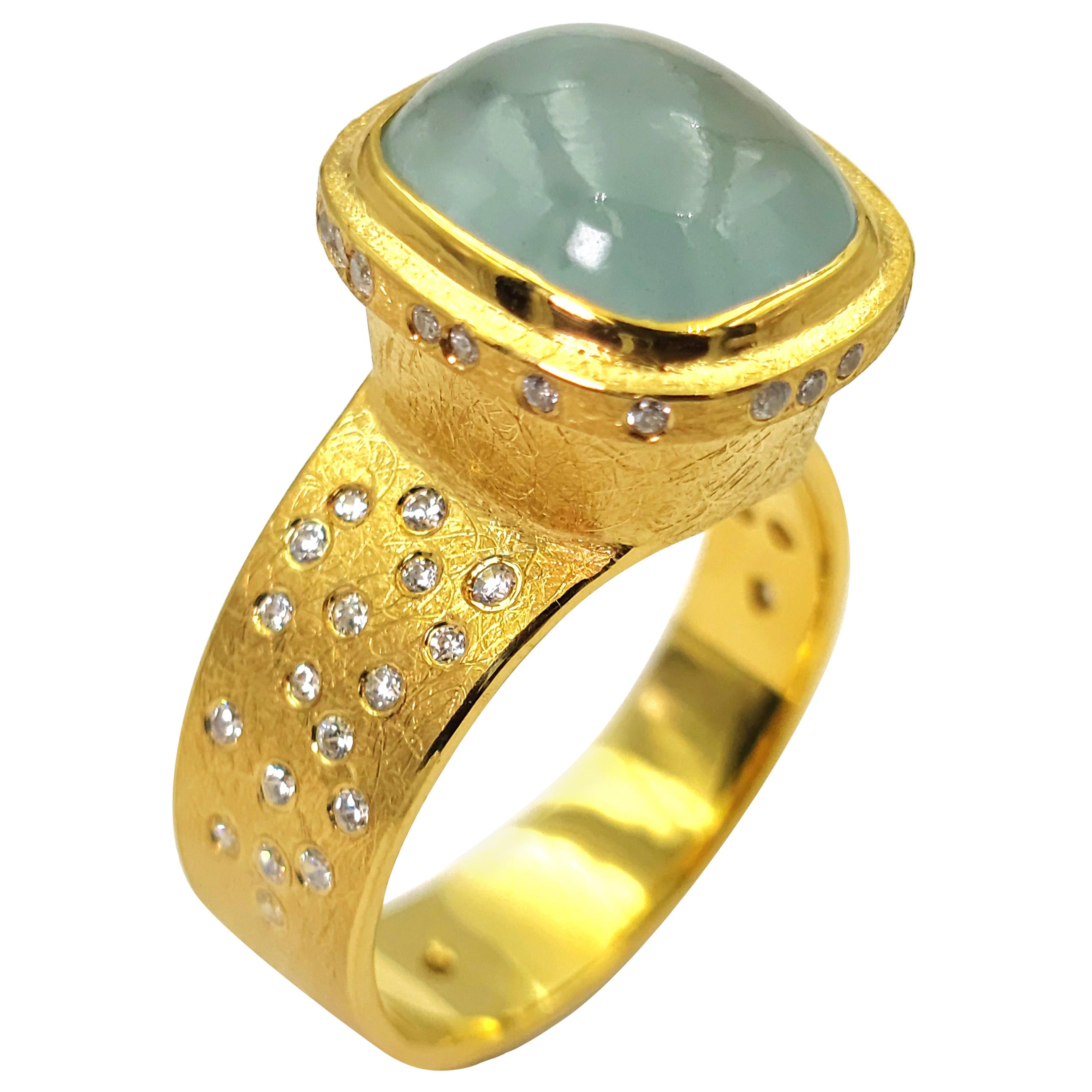 Aquamarine White Zircon Silver 24 K Gold Plate Contemporary Design Modern Ring For Sale