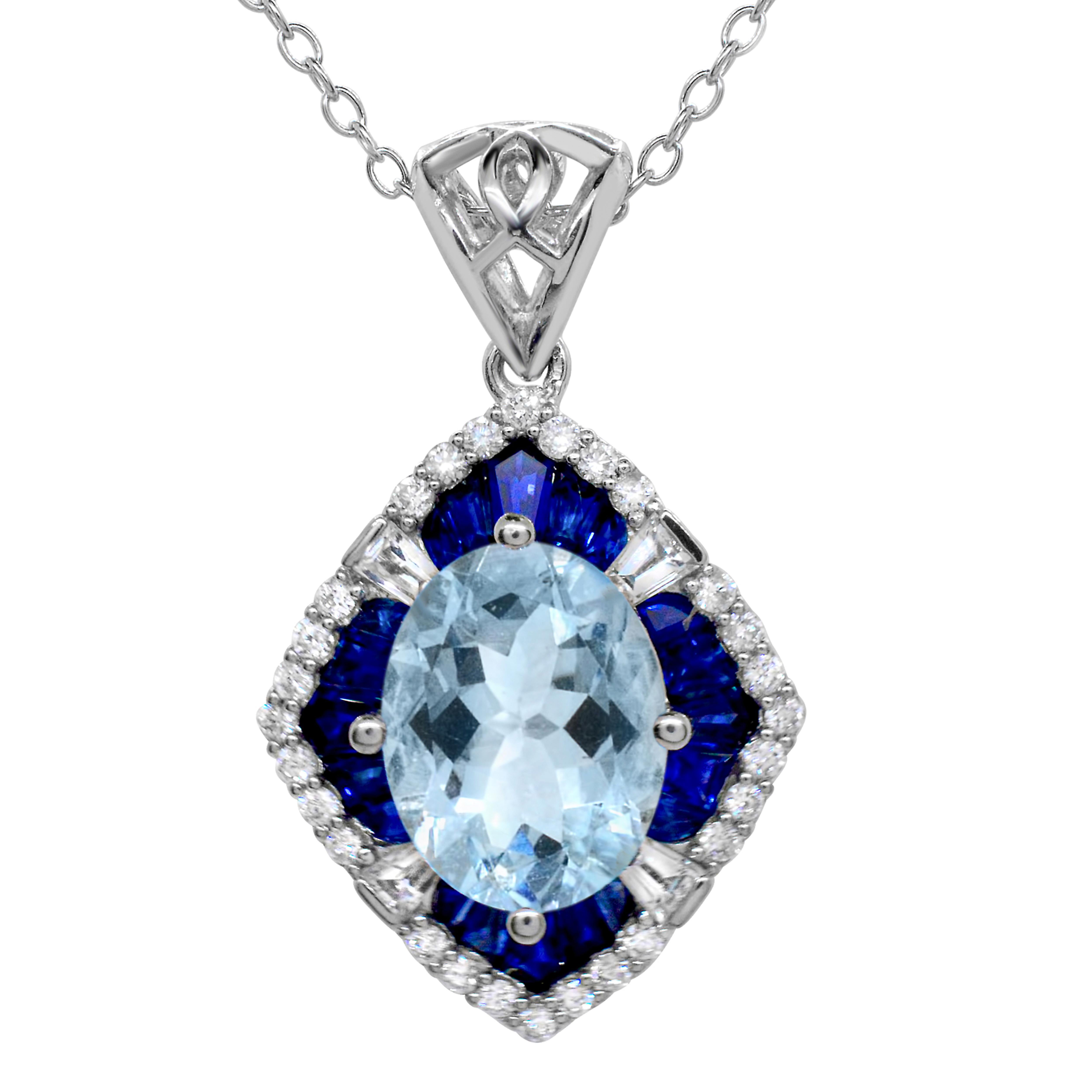 Lovely for any gemstone enthusiast but an especially fine choice as your signature March birthstone piece. Crafted in 14K White Gold, this lovely piece features 10x8 Oval Aquamarine framed with White Sapphire and Blue Baguettes with 0.22 carats of