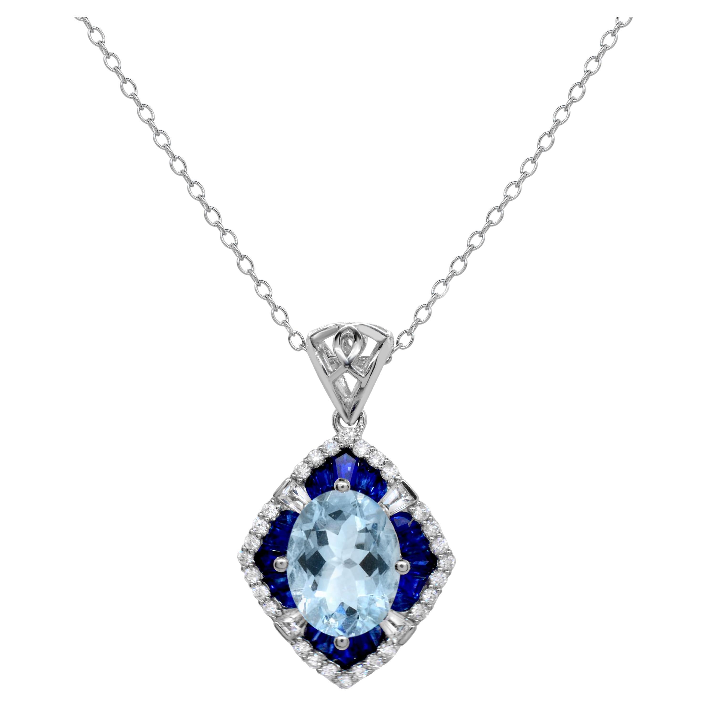Aquamarin mit blauem und weißem Saphir und Diamant-Akzent-Ring aus 14 Karat Gold im Angebot
