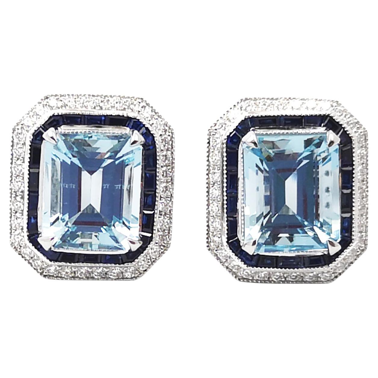 Aquamarine with Blue Sapphire and Diamond Earrings set in 18K White Gold Setting