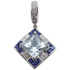 Aquamarine with Blue Sapphire and Diamond Pendant Set in 18 Karat White Gold