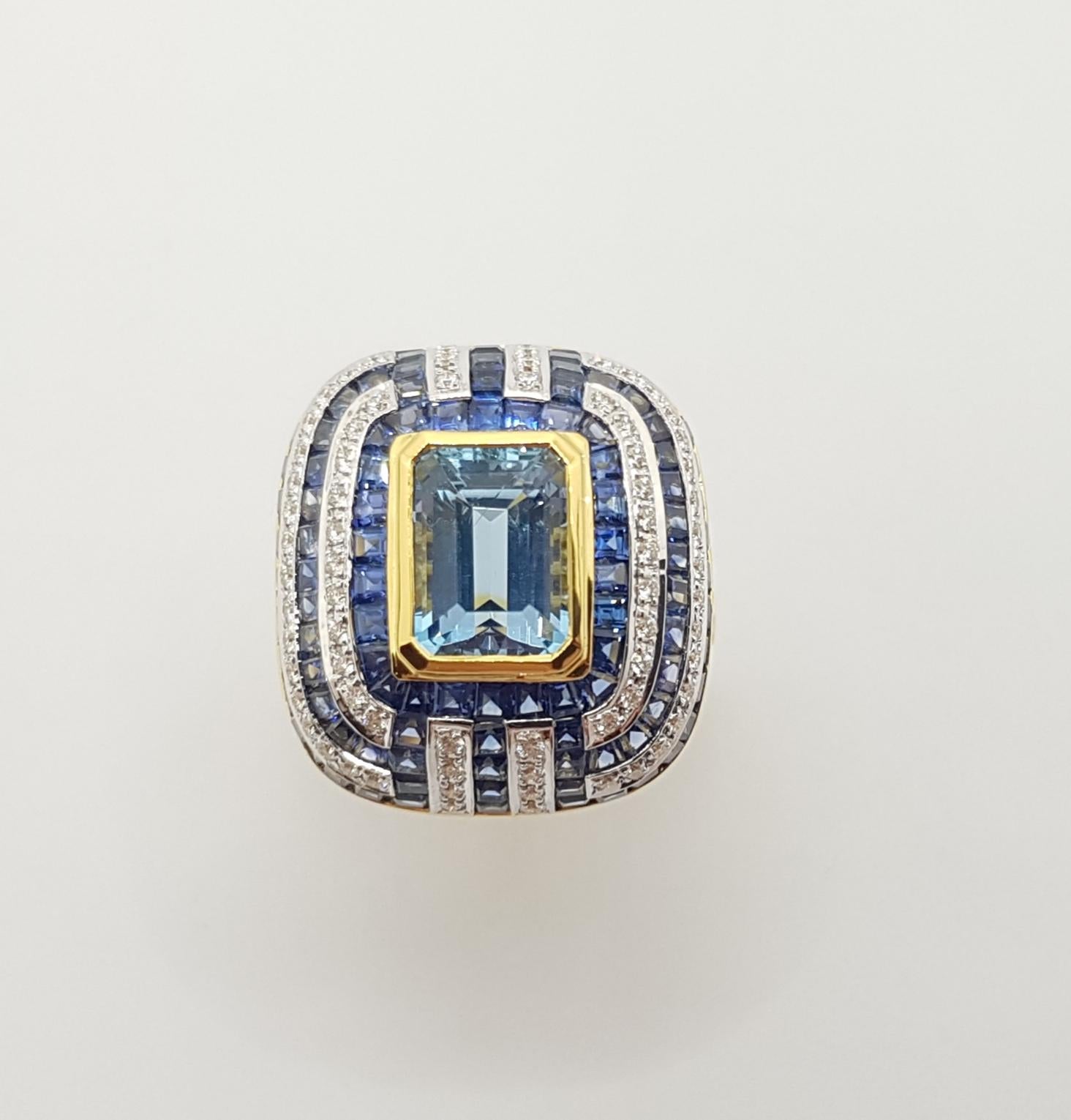 Bague en aigue-marine avec saphir bleu et diamants sertie dans des montures en or 18 carats en vente 4