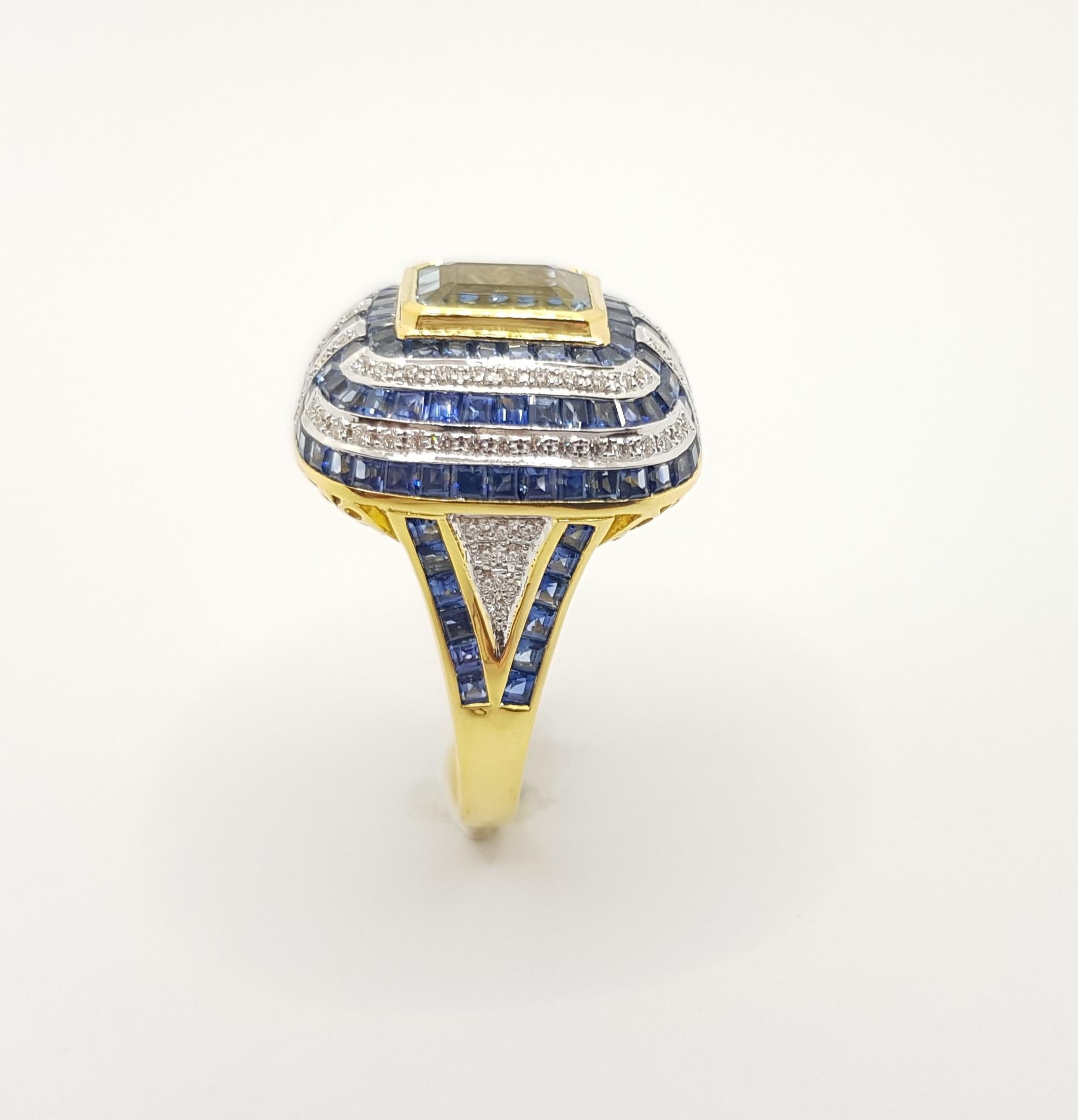 Bague en aigue-marine avec saphir bleu et diamants sertie dans des montures en or 18 carats en vente 6