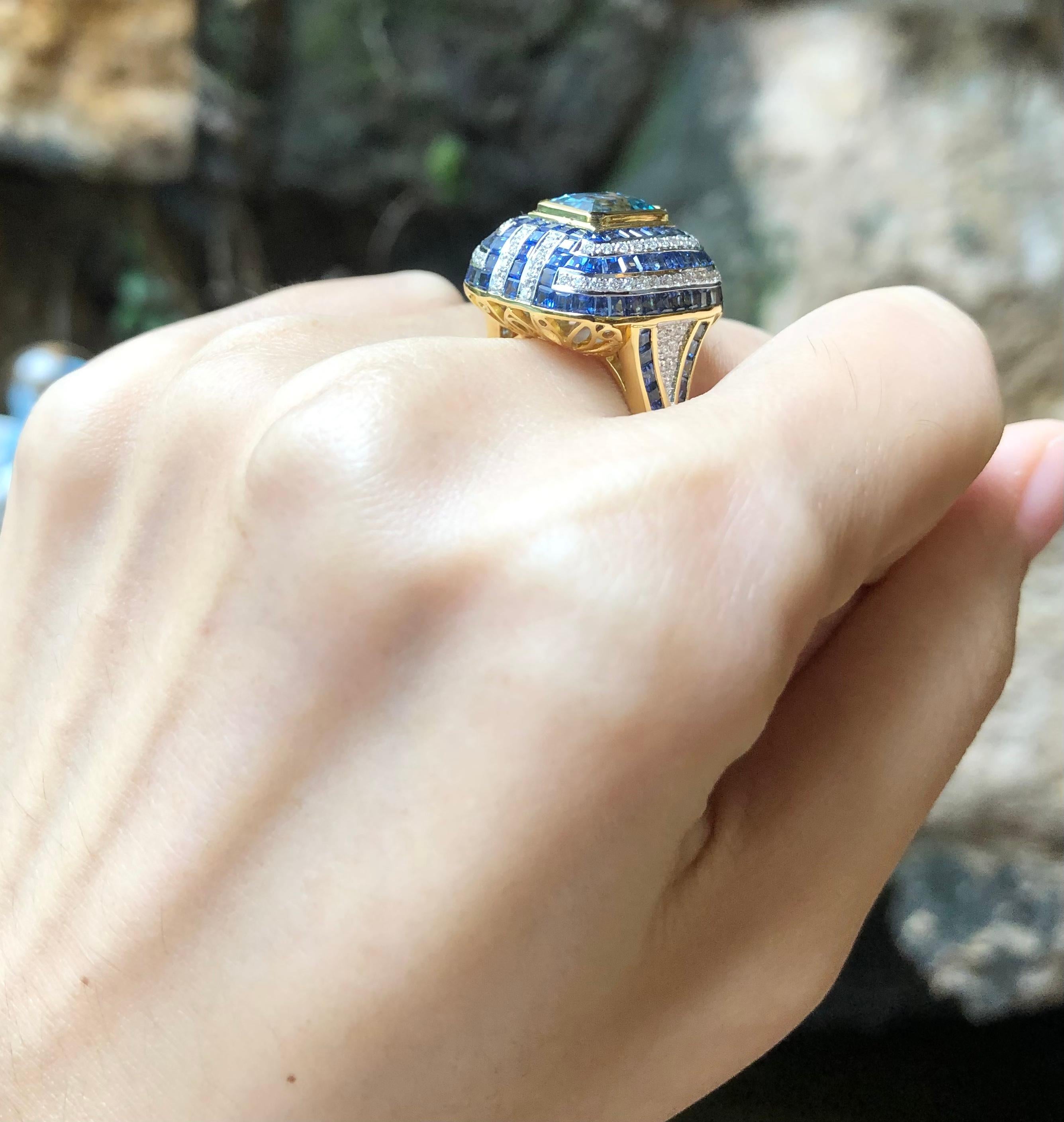 Ring mit Aquamarin mit blauem Saphir und Diamant in 18 Karat Goldfassung im Zustand „Neu“ im Angebot in Bangkok, TH