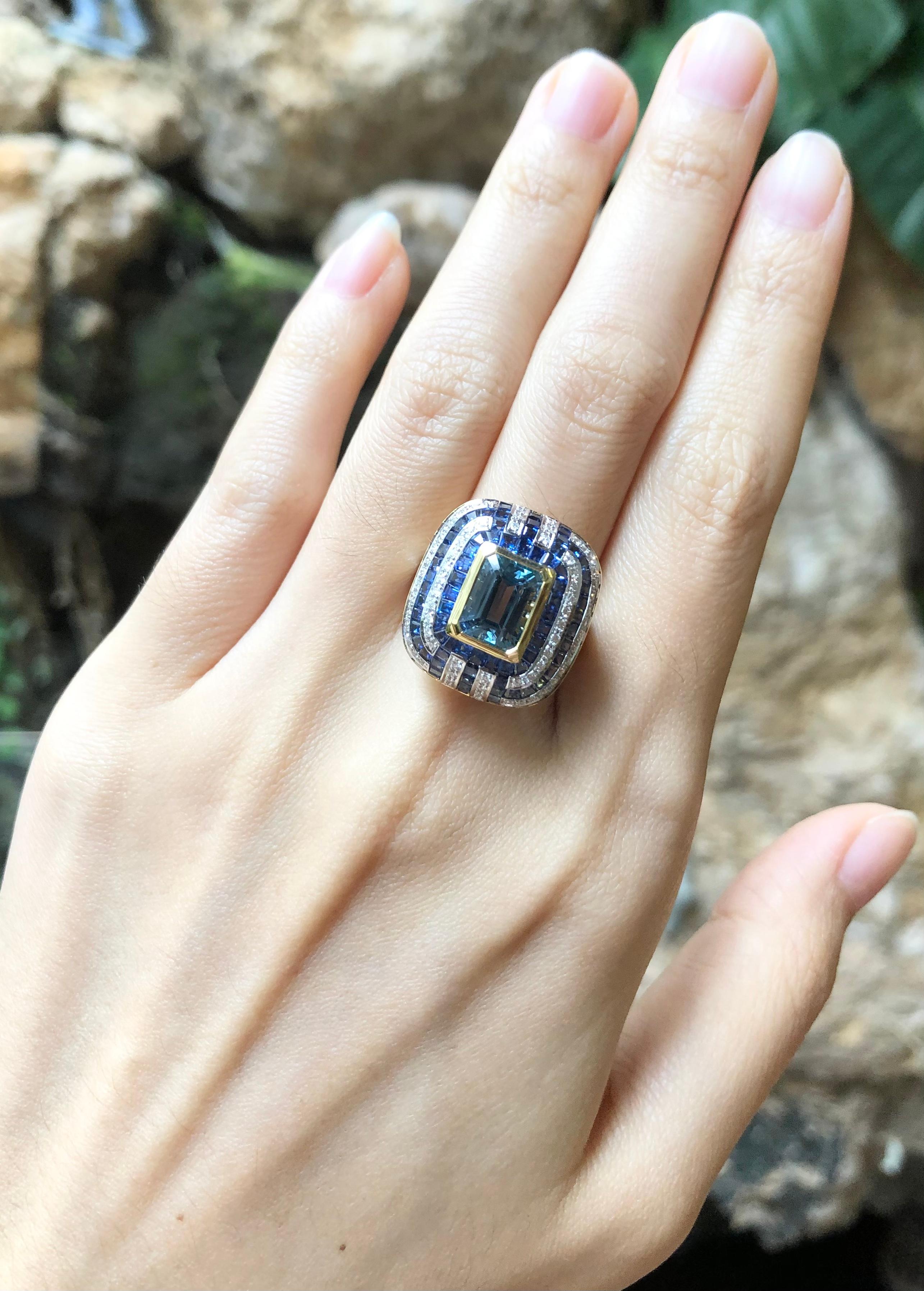 Ring mit Aquamarin mit blauem Saphir und Diamant in 18 Karat Goldfassung im Angebot 2