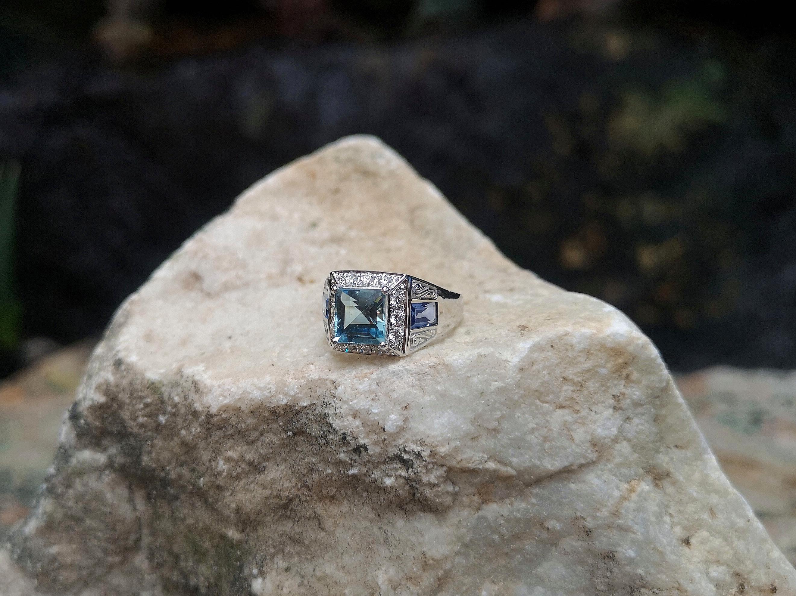 Ring aus 18 Karat Weißgold mit Aquamarin, blauem Saphir und Diamant im Angebot 5