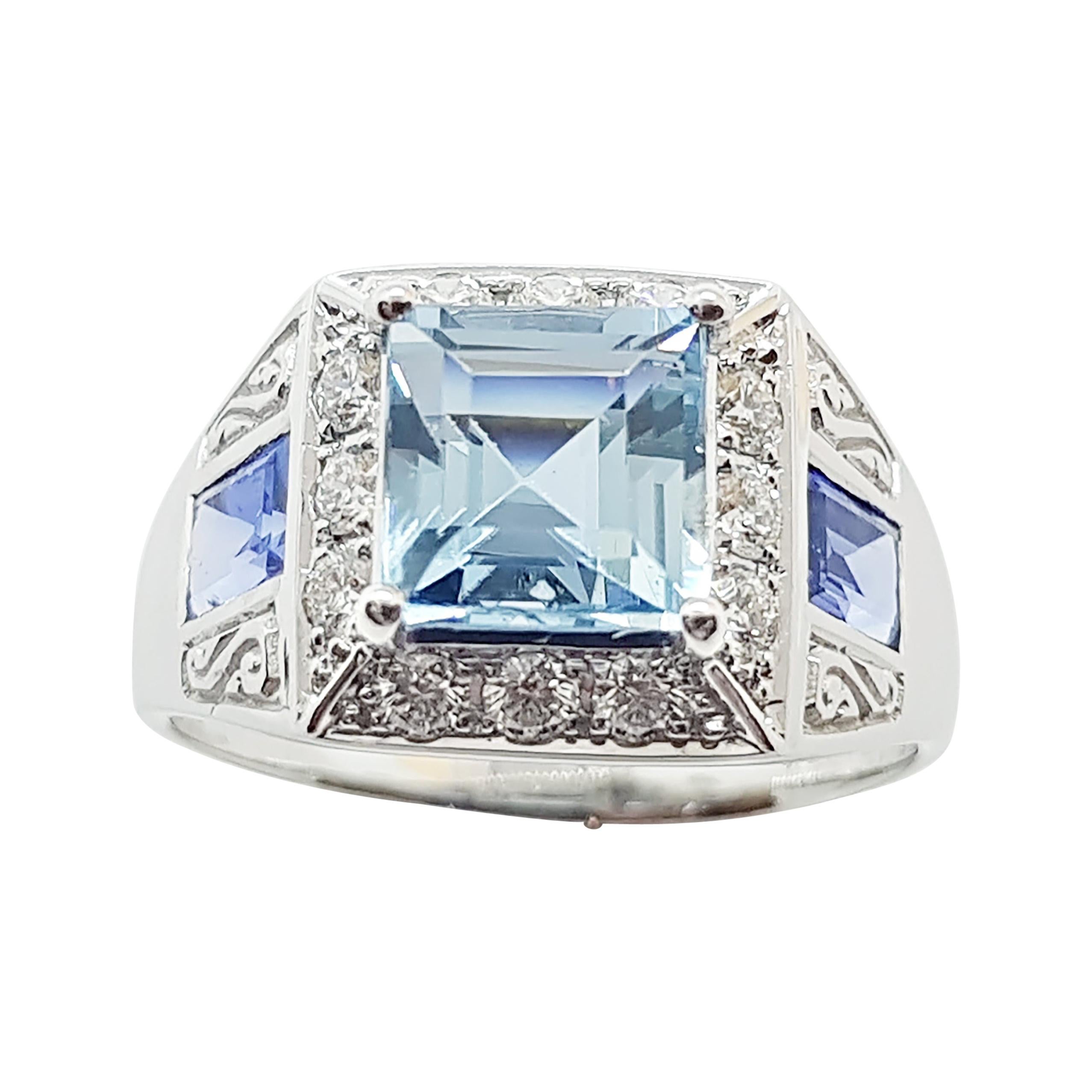 Aquamarine with Blue Sapphire and Diamond Ring Set in 18 Karat White Gold