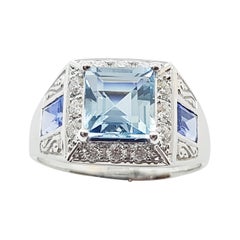 Aquamarine with Blue Sapphire and Diamond Ring Set in 18 Karat White Gold