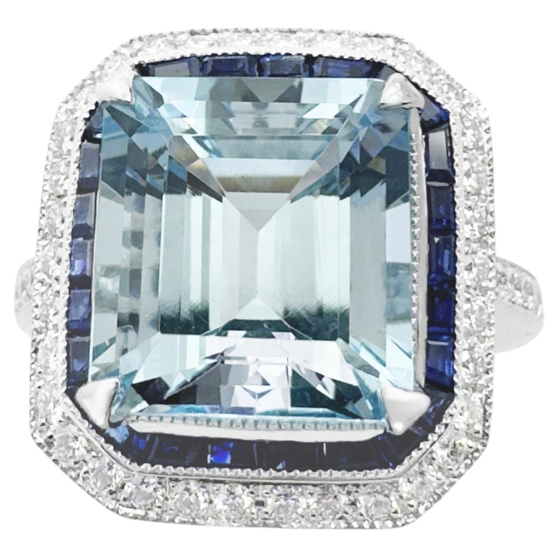 Bague aigue-marine avec saphir bleu et diamant en or blanc 18 carats