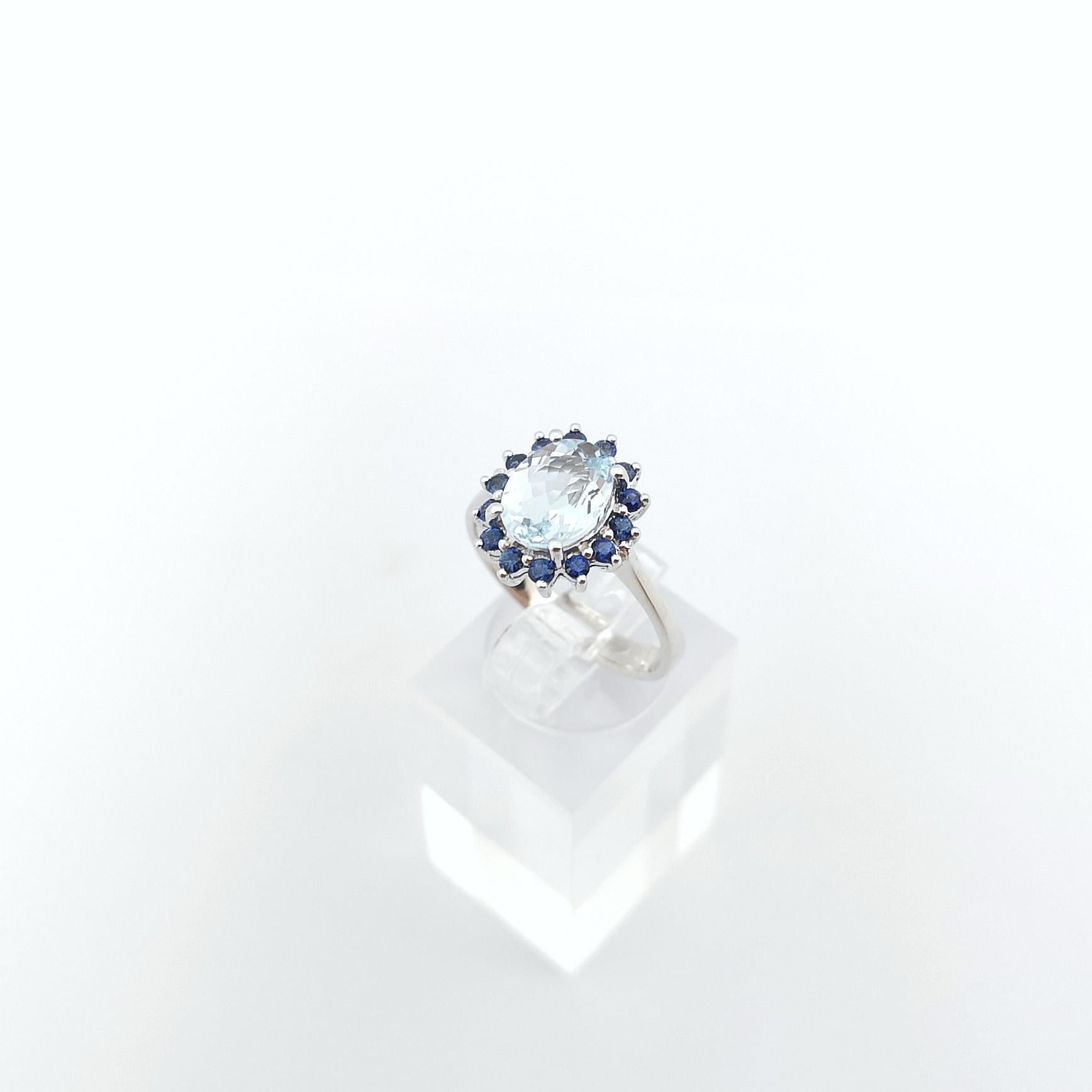 Aquamarine with Blue Sapphire Ring set in 14K White Gold Settings For Sale 4