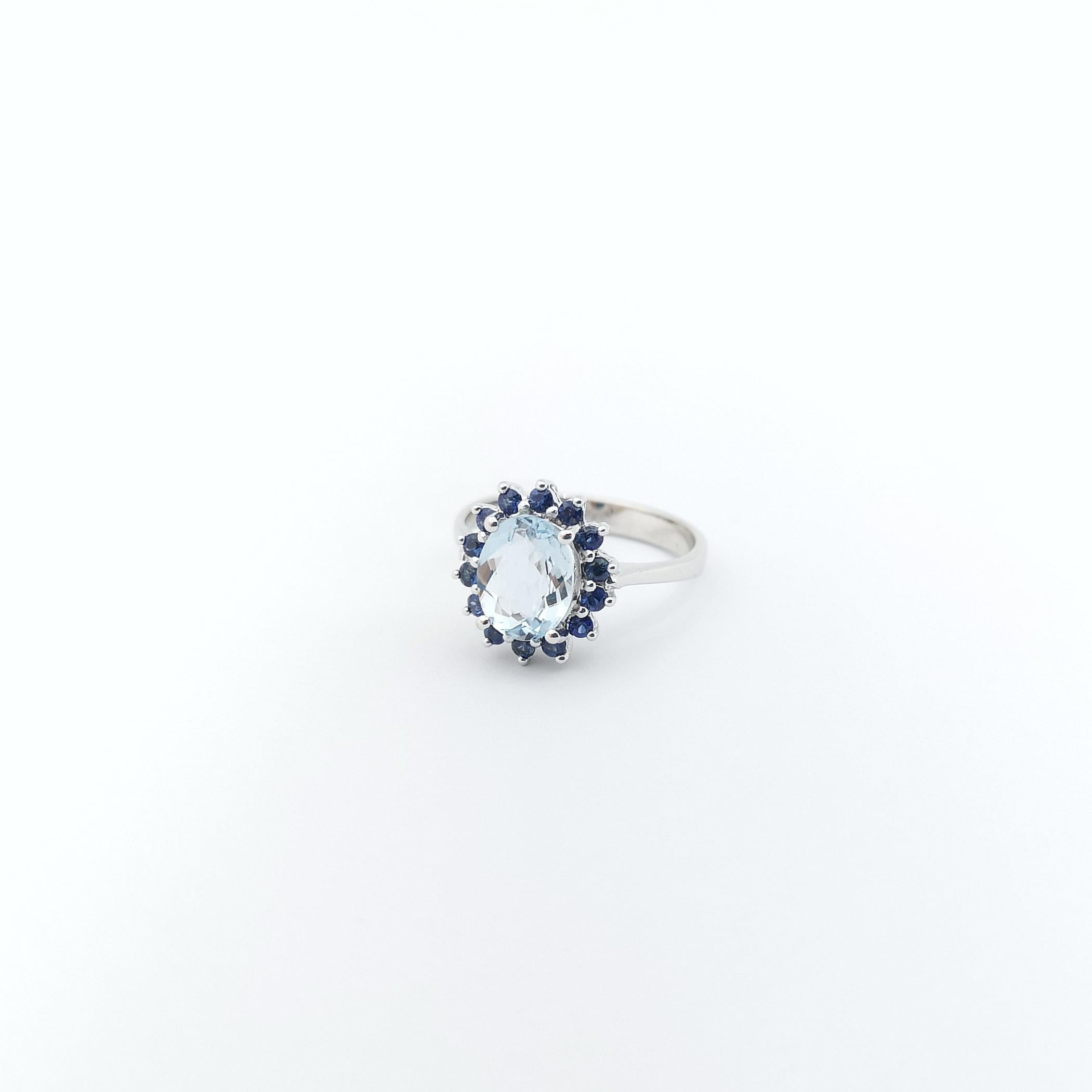 Aquamarine with Blue Sapphire Ring set in 14K White Gold Settings For Sale 6