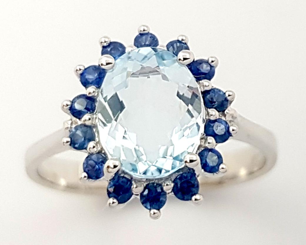 Aquamarine with Blue Sapphire Ring set in 14K White Gold Settings For Sale 2