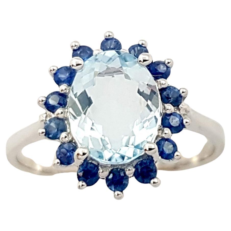 Aquamarine with Blue Sapphire Ring set in 14K White Gold Settings For Sale