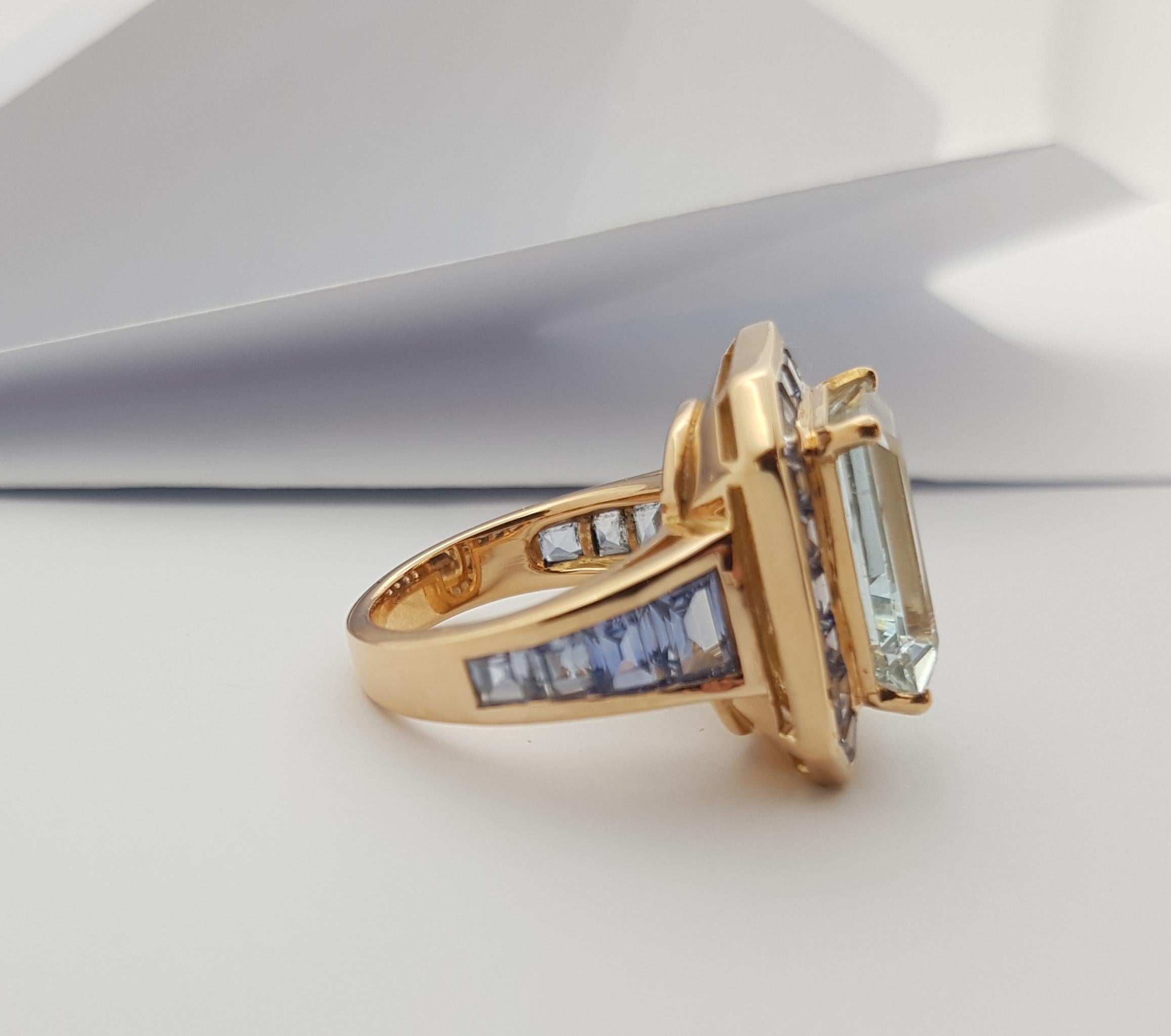 Aquamarine with Blue Sapphire Ring Set in 18 Karat Rose Gold Settings For Sale 2