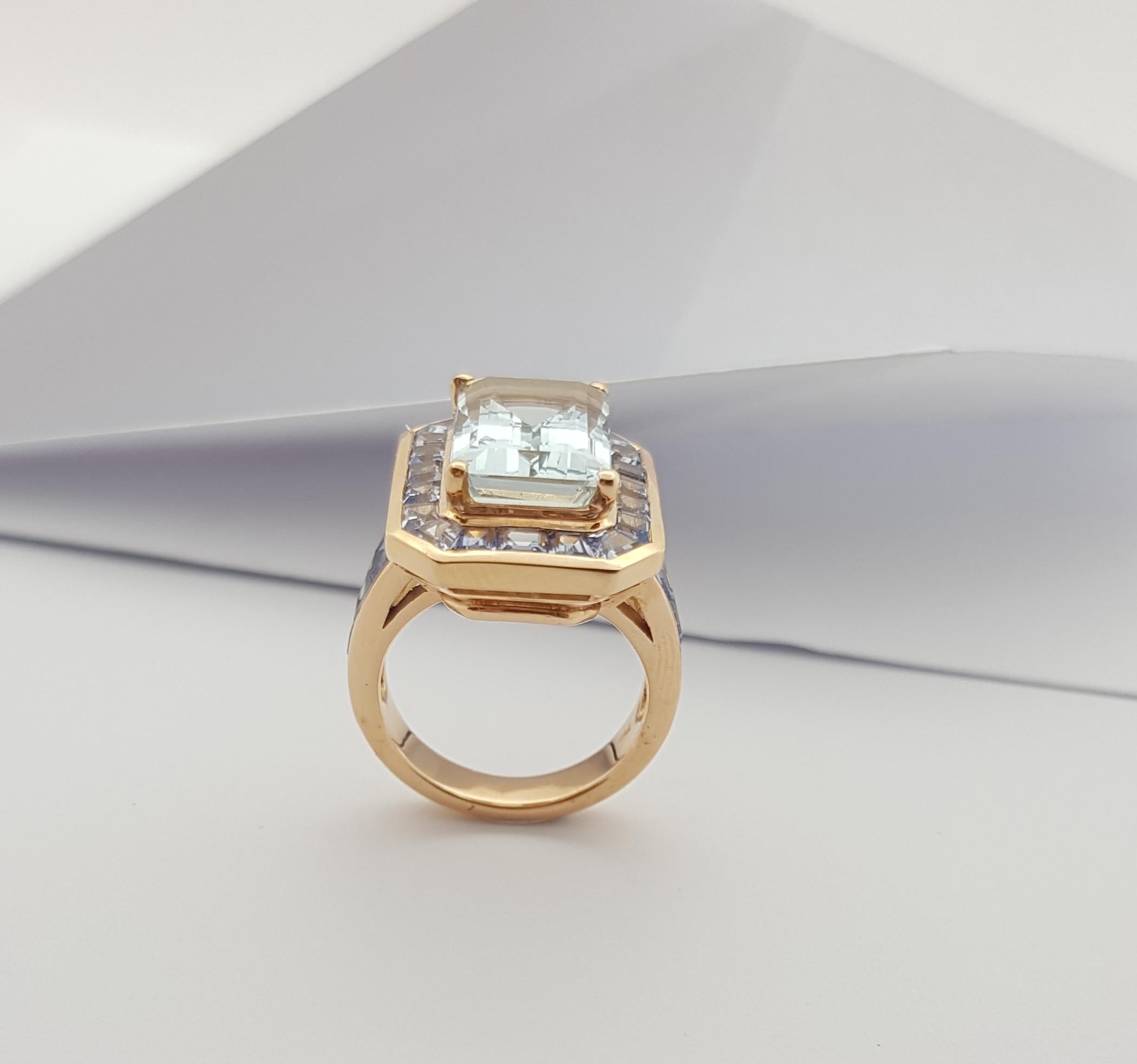 Aquamarine with Blue Sapphire Ring Set in 18 Karat Rose Gold Settings For Sale 4