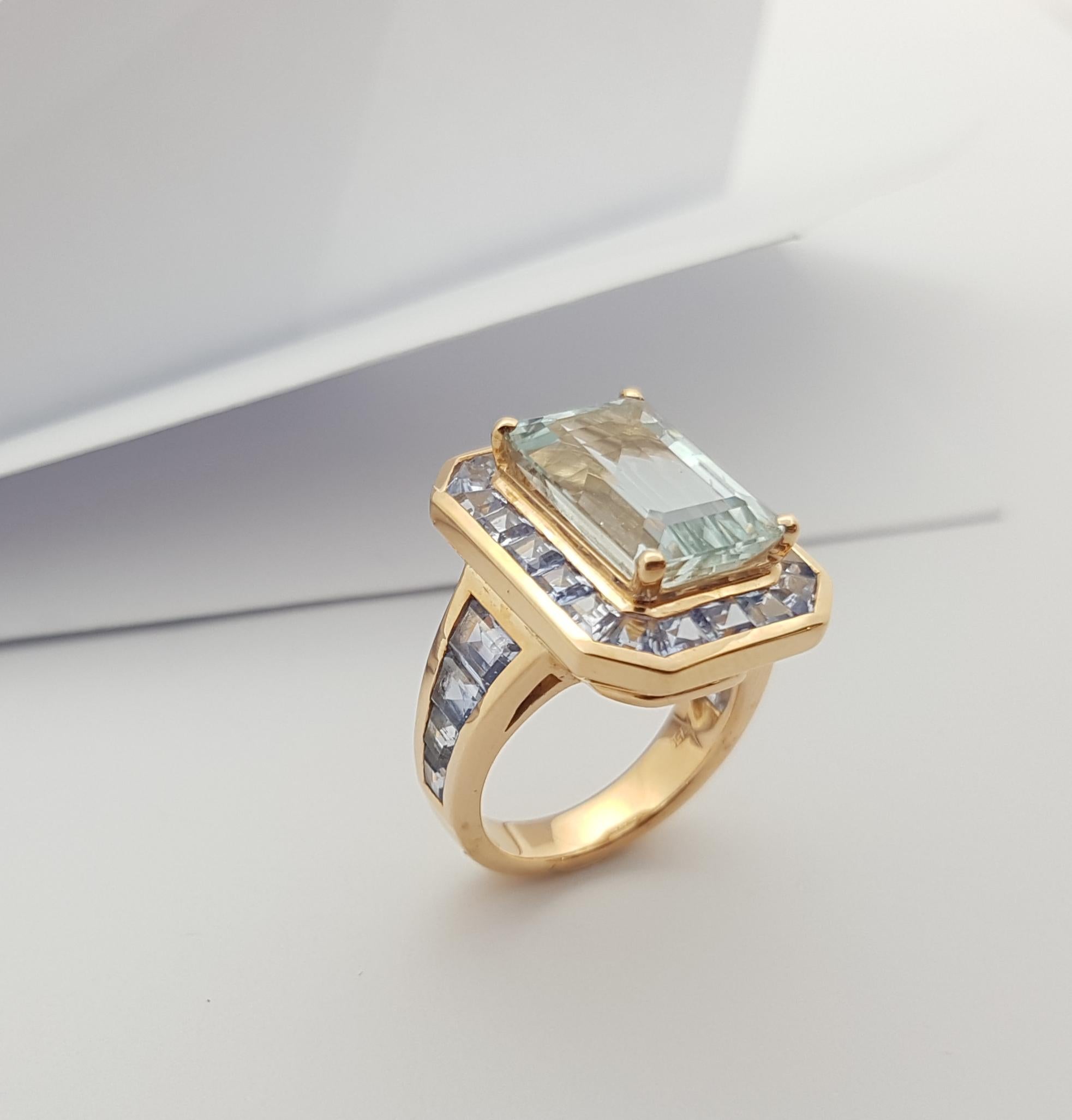 Aquamarine with Blue Sapphire Ring Set in 18 Karat Rose Gold Settings For Sale 5
