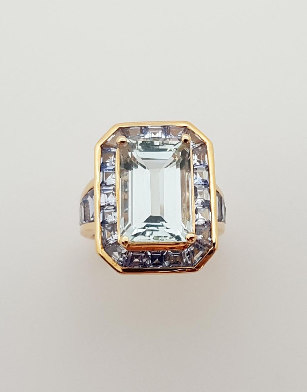 Aquamarine with Blue Sapphire Ring Set in 18 Karat Rose Gold Settings For Sale 6