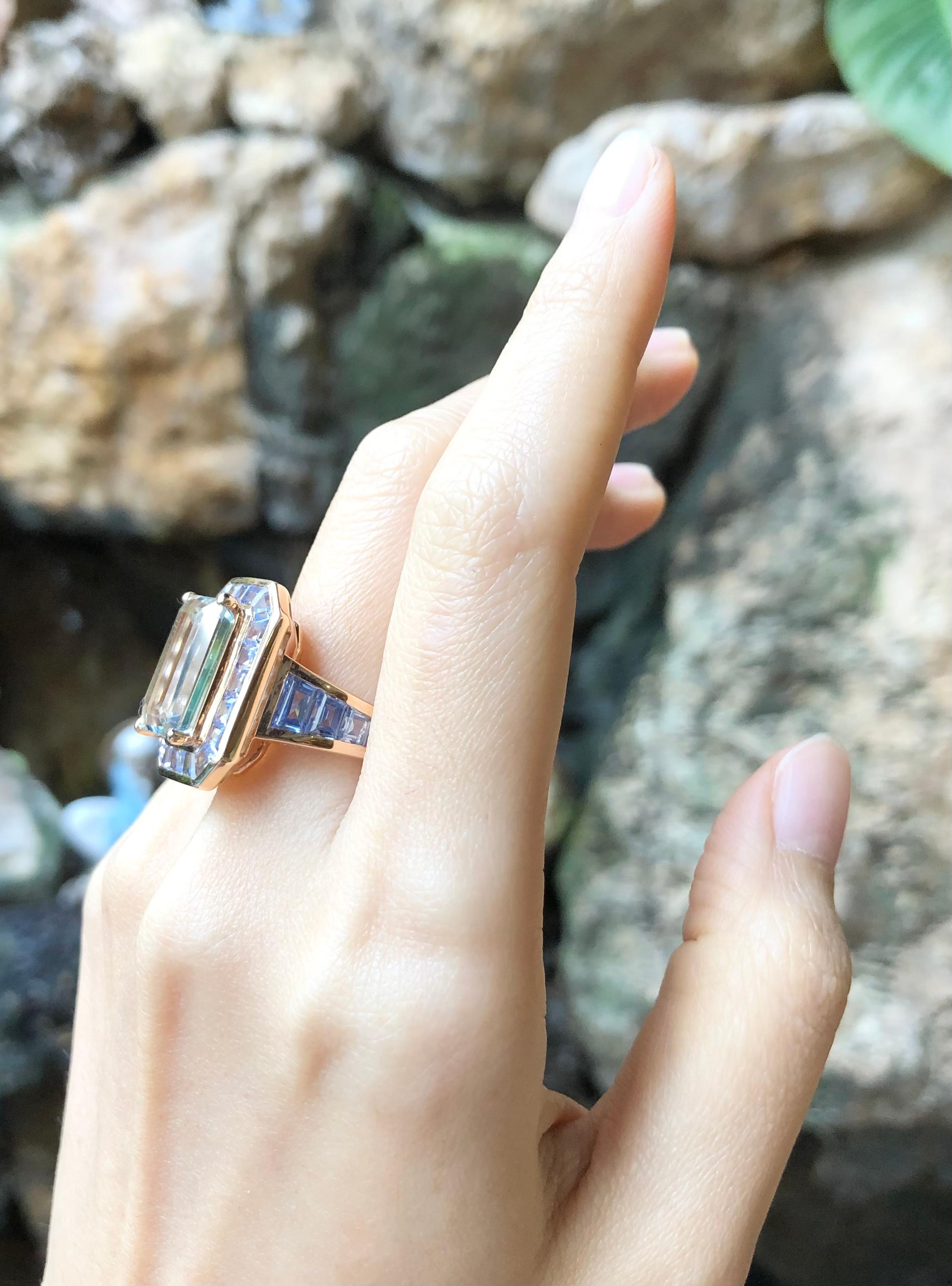 Emerald Cut Aquamarine with Blue Sapphire Ring Set in 18 Karat Rose Gold Settings For Sale