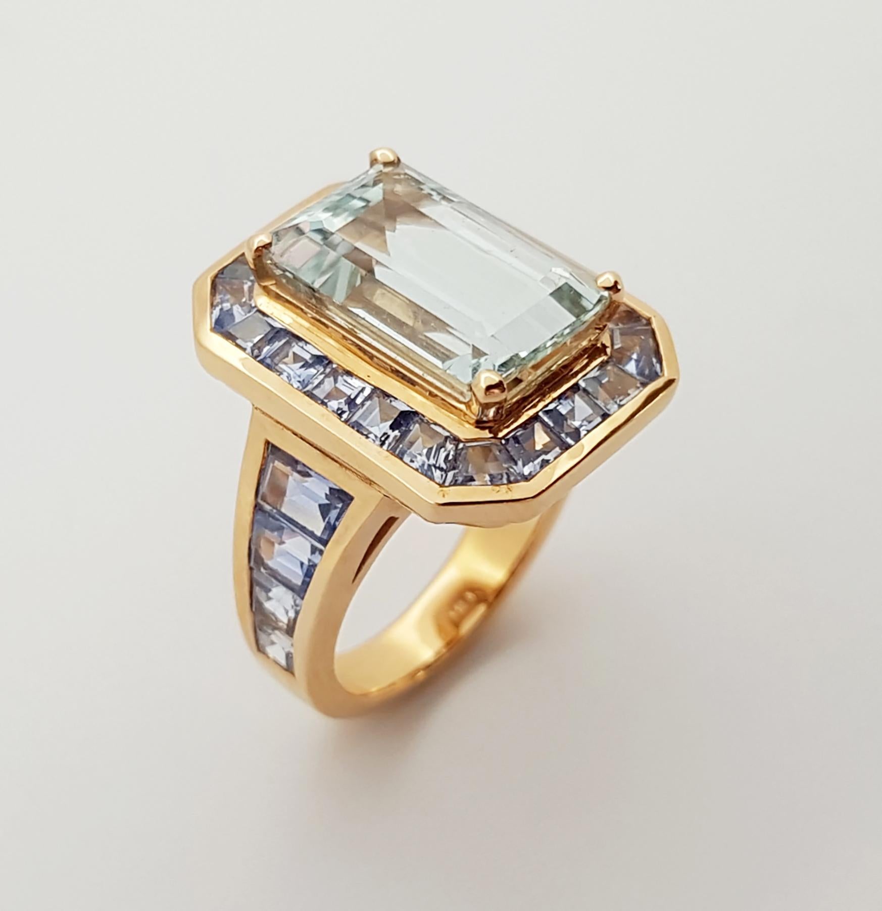Women's Aquamarine with Blue Sapphire Ring Set in 18 Karat Rose Gold Settings For Sale
