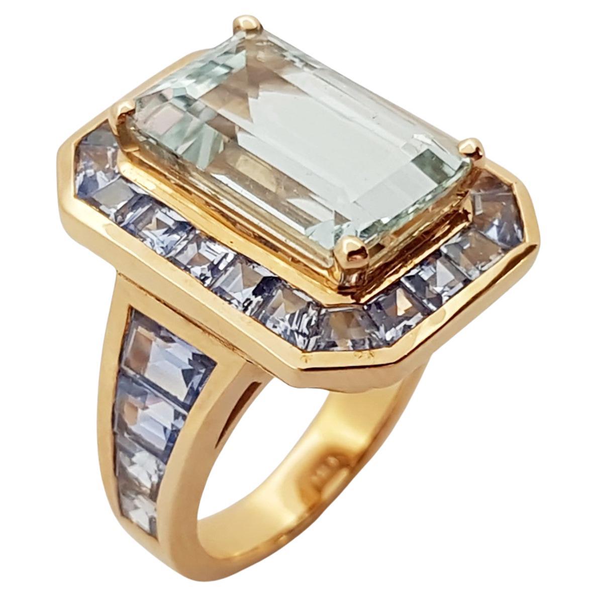 Aquamarine with Blue Sapphire Ring Set in 18 Karat Rose Gold Settings For Sale