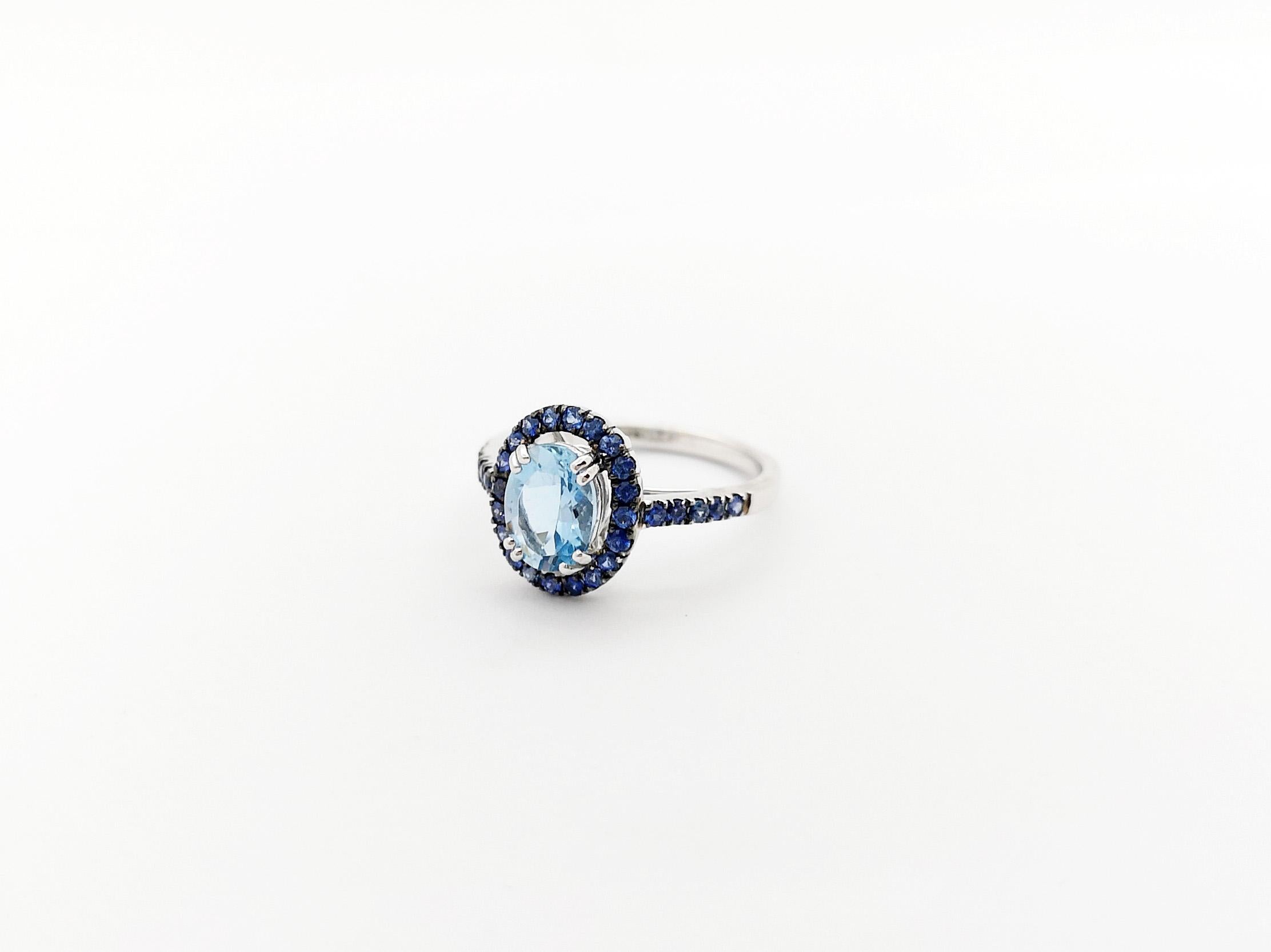Aquamarine with Blue Sapphire Ring set in 18K White Gold Settings For Sale 4