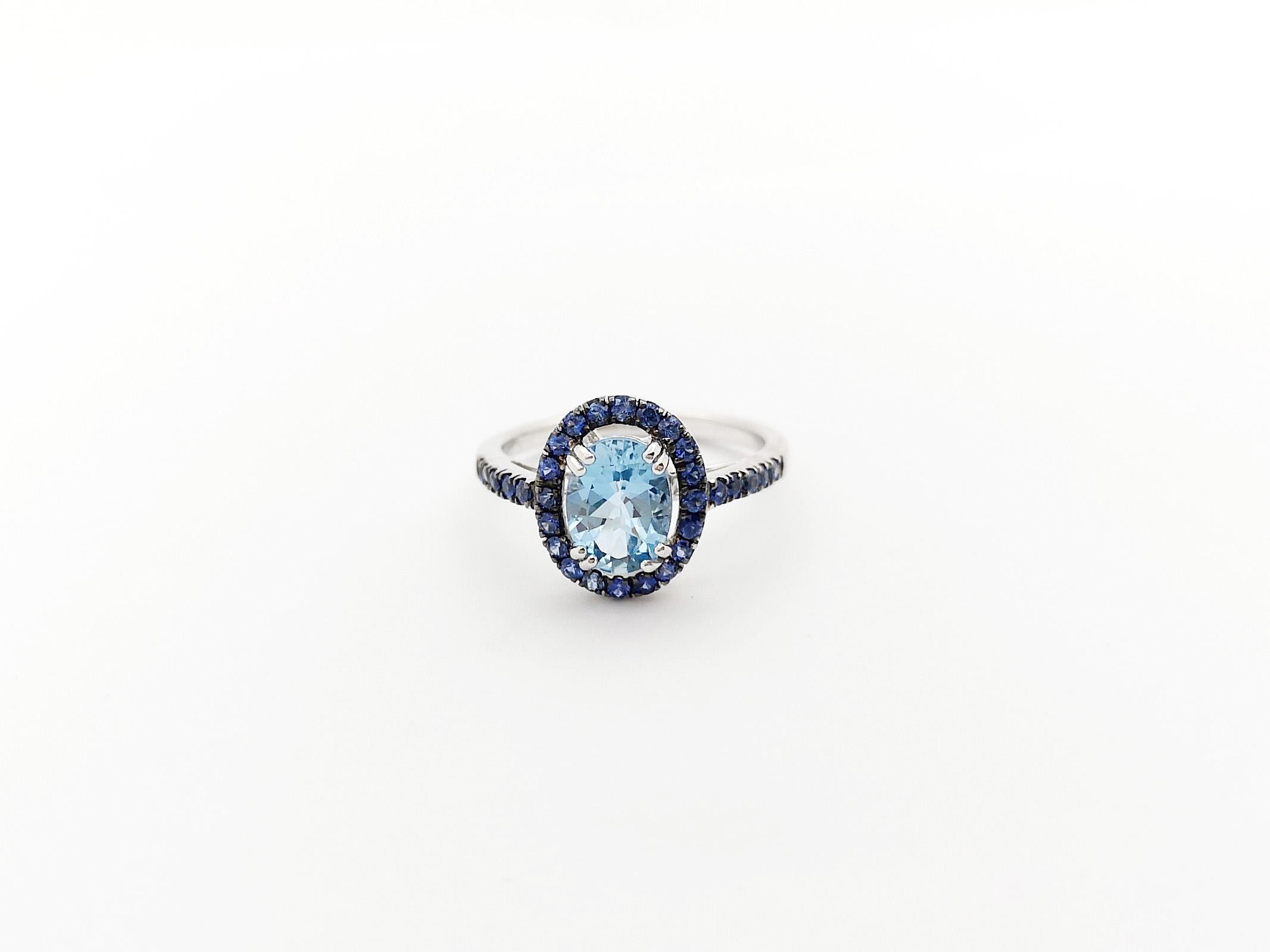 Aquamarine with Blue Sapphire Ring set in 18K White Gold Settings For Sale 5