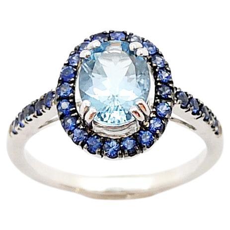 Aquamarine with Blue Sapphire Ring set in 18K White Gold Settings For Sale