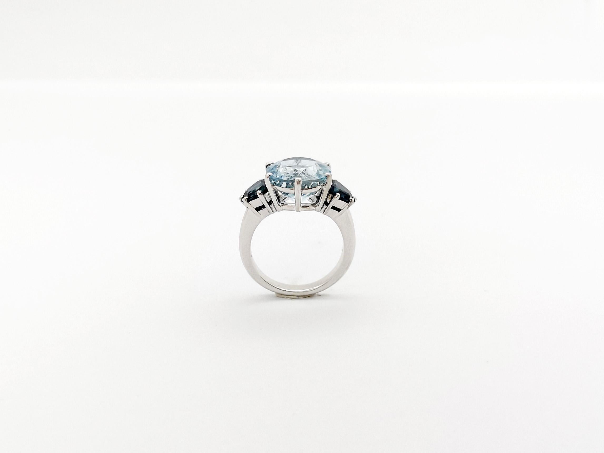 Aquamarine with Blue Sapphire Ring set in Platinum 900 settings For Sale 8