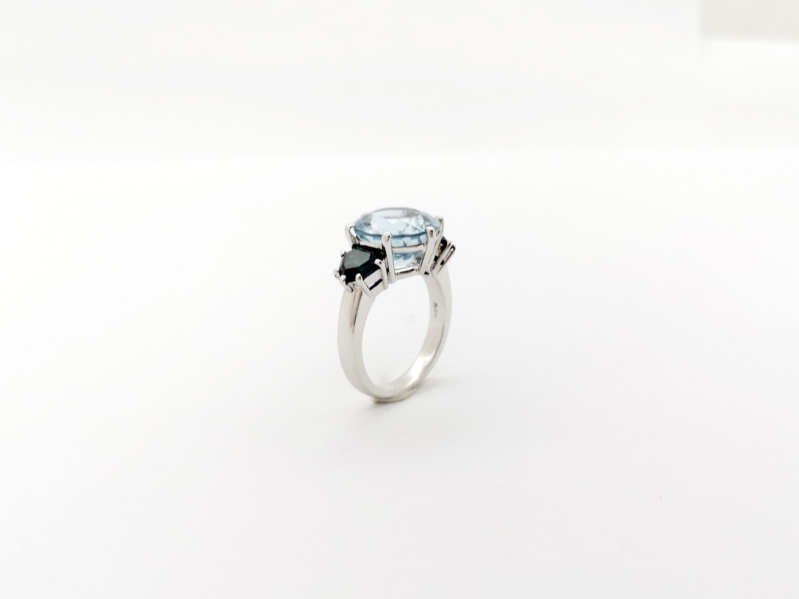 Aquamarine with Blue Sapphire Ring set in Platinum 900 settings For Sale 11