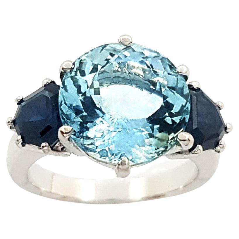 Aquamarine with Blue Sapphire Ring set in Platinum 900 settings For Sale