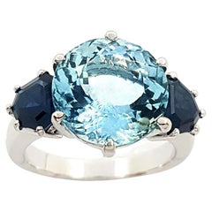 Bague aigue-marine et saphir bleu sertie en platine 900