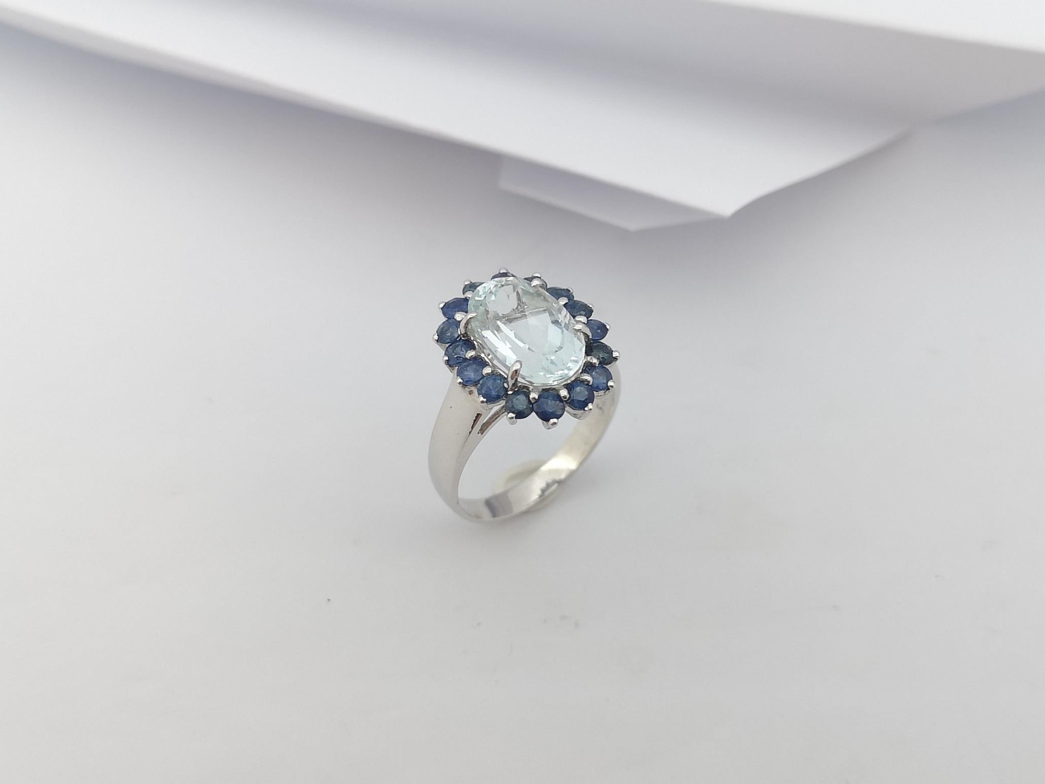Aquamarine with Blue Sapphire Ring set in Silver Settings 3