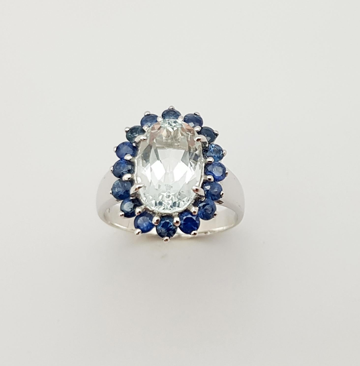 Aquamarine with Blue Sapphire Ring set in Silver Settings 5