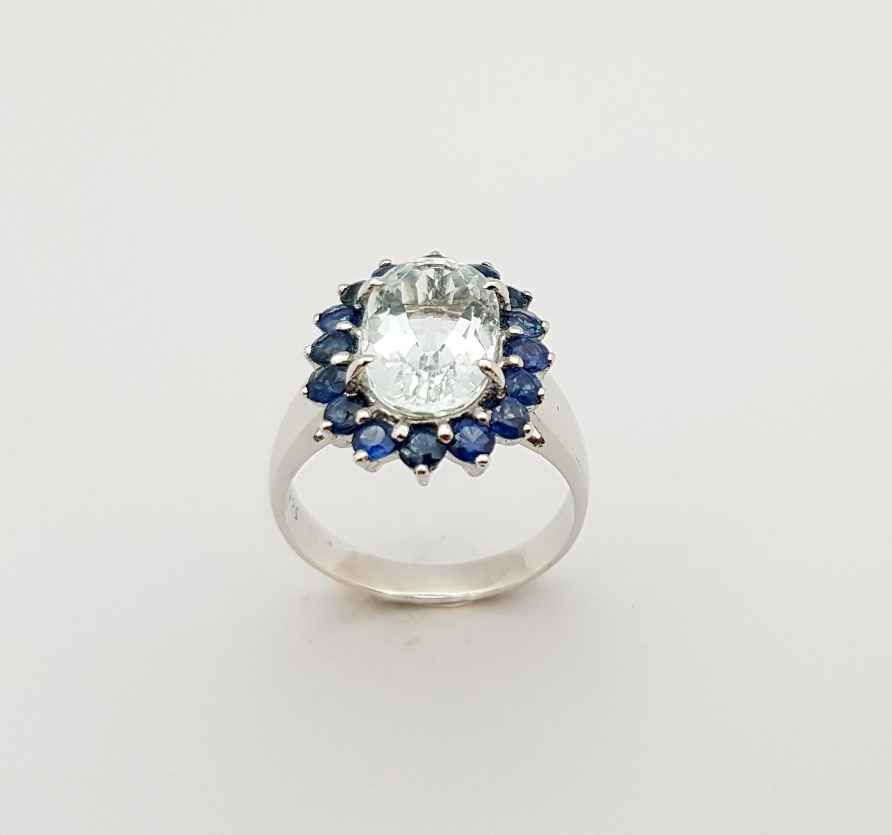 Aquamarine with Blue Sapphire Ring set in Silver Settings 6