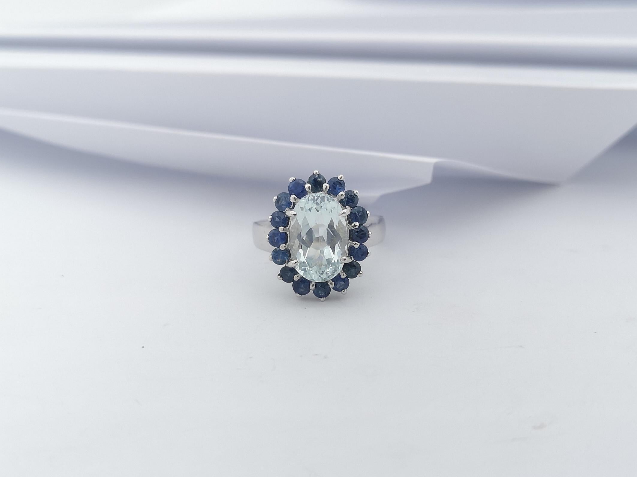 Aquamarine with Blue Sapphire Ring set in Silver Settings In New Condition In Dusit, 10