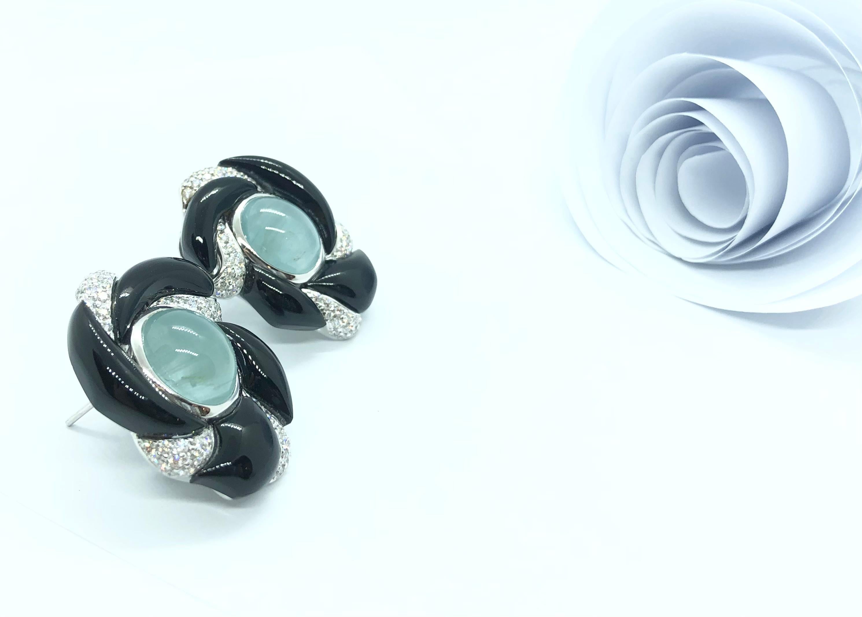 Cabochon Aquamarine with Diamond Earrings Set in 18 Karat White Gold Settings For Sale
