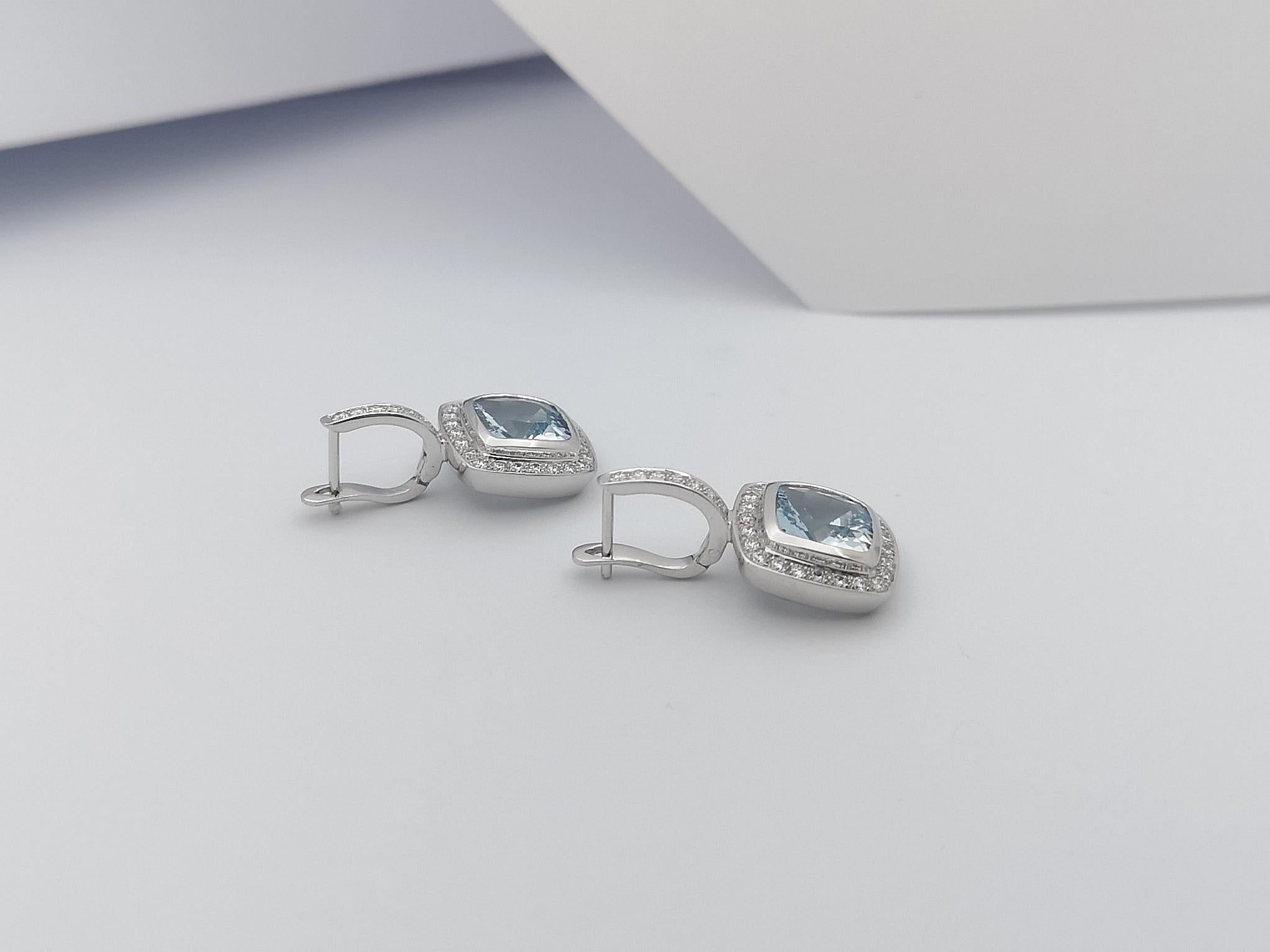 Cushion Cut Aquamarine with Diamond Earrings Set in 18 Karat White Gold Settings For Sale
