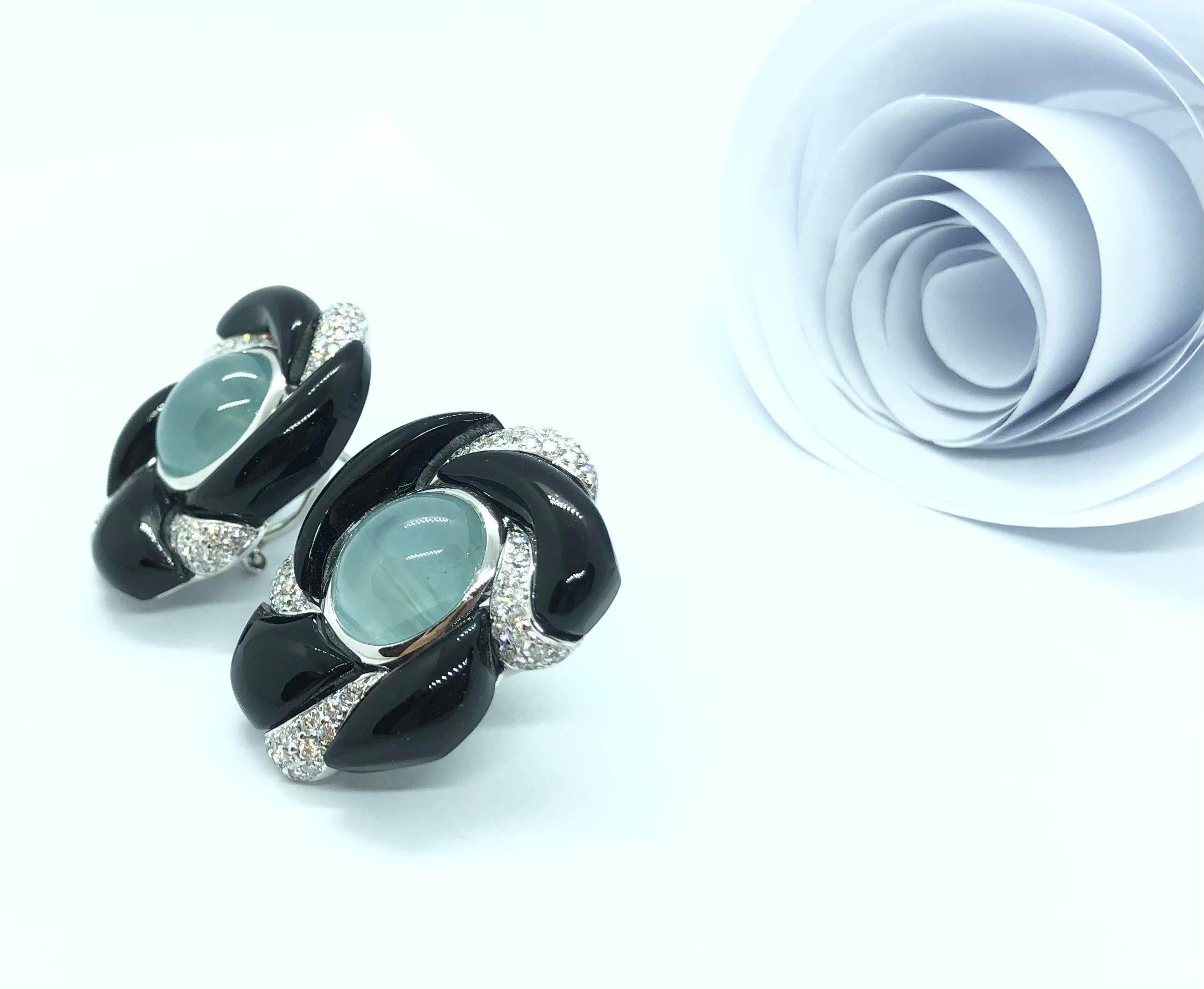 Women's or Men's Aquamarine with Diamond Earrings Set in 18 Karat White Gold Settings For Sale