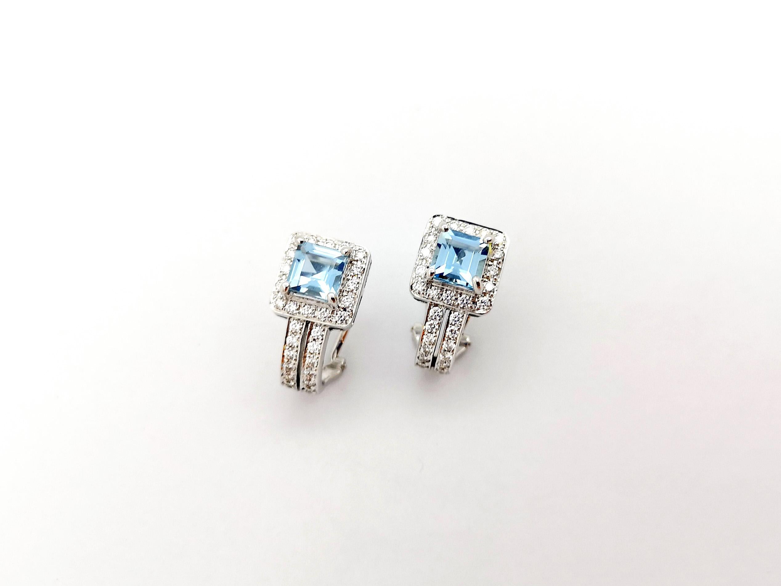 Princess Cut Aquamarine with Diamond Earrings set in 18K White Gold Settings For Sale