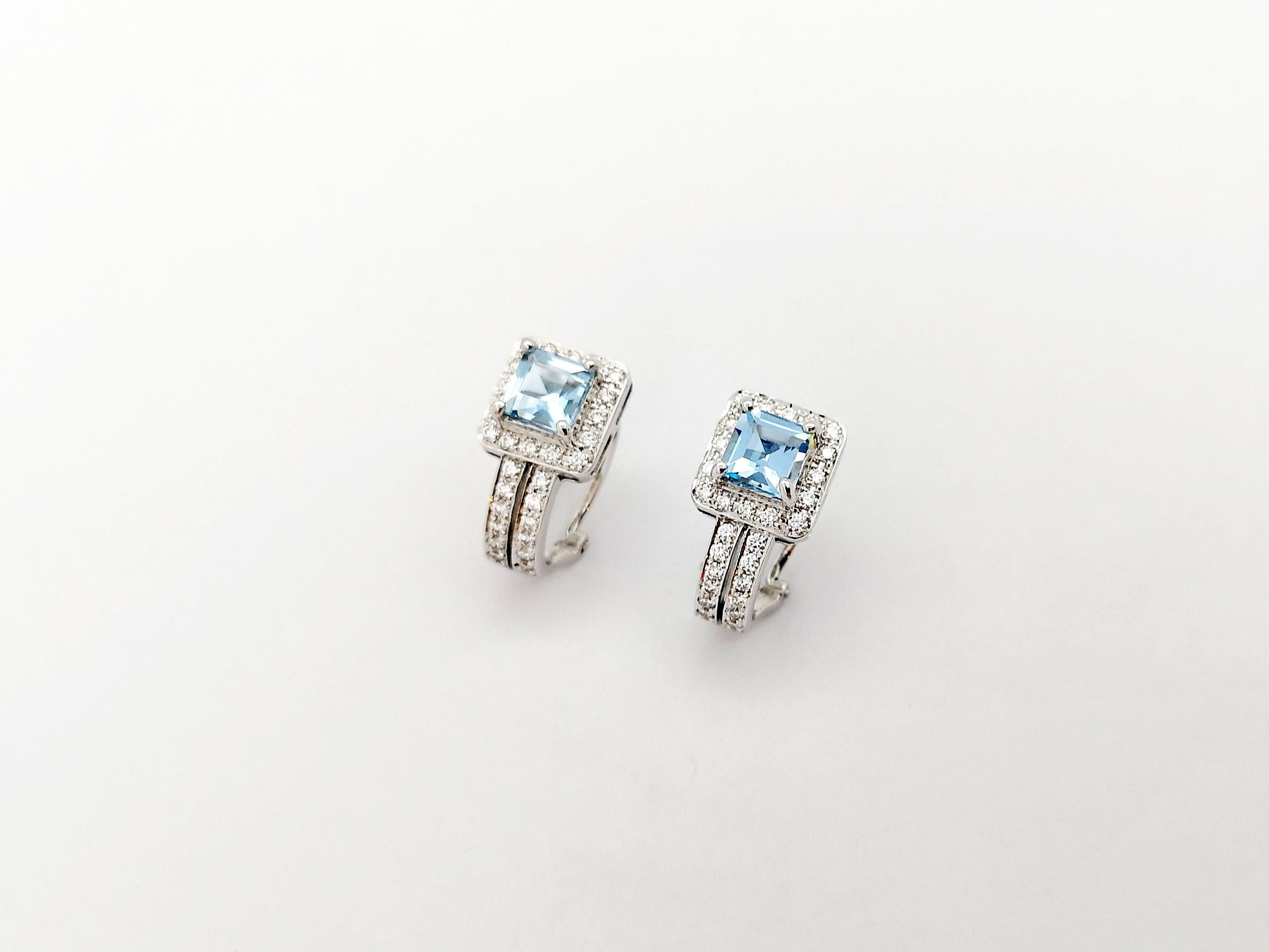 Women's Aquamarine with Diamond Earrings set in 18K White Gold Settings For Sale