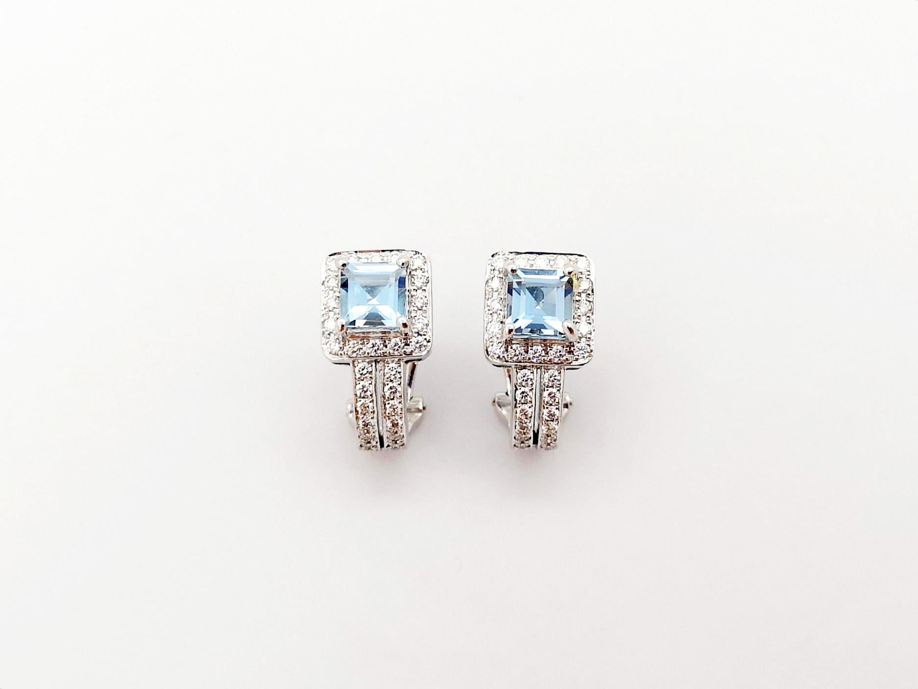 Aquamarine with Diamond Earrings set in 18K White Gold Settings For Sale 1